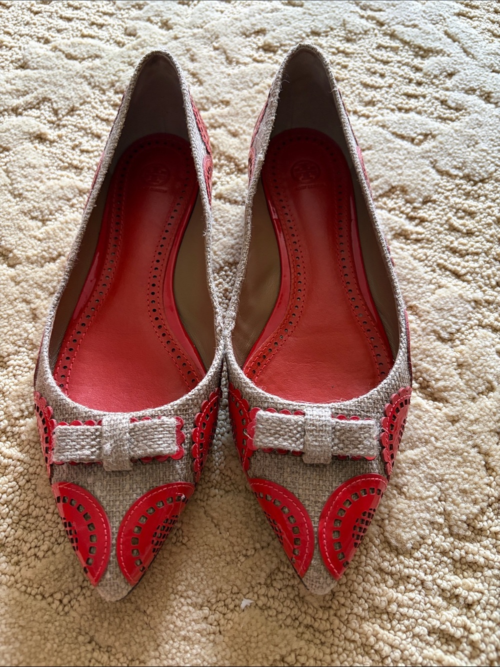 Tory Burch Coral and Natural Pointed-Toe Bow Flats